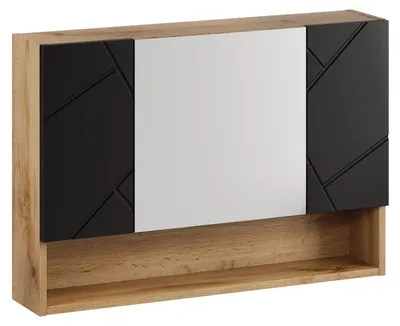 Produktbild von Badplaats Spiegelschrank Manello 80 x 17 x 60 cm – Eiche mit Matt Schwarz – Badezimmerschrank mit 3 Türen