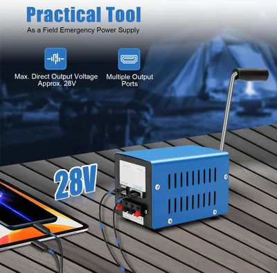 Image de Générateur USB - Chargeur d'urgence à manivelle - Dynamo - Portable - Plusieurs ports USB - Boîtier métallique - Bleu