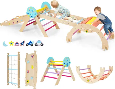 A collage of images showing a wooden indoor climbing set for children, with children playing on it in one image and different components of the set displayed separately in others.