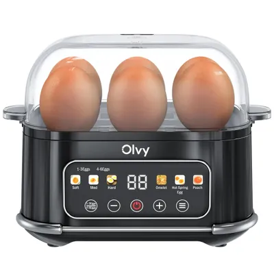 Imagen del producto de Hervidor de huevos Olvy para 1-6 huevos, con función para hacer tortillas y huevos escalfados. Incluye temporizador LCD, apagado automático, es libre de BPA, fácil de limpiar, eléctrico y compacto