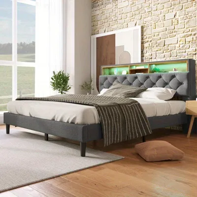 Productafbeelding van Tweepersoonsbed 140x200 cm – ledikant met matras en opbergruimte – gestoffeerd grijs – houten lattenbodem