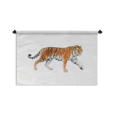 Produktbild von MuchoWow® Wandteppich Wandbehang Tiger - Orange - Weiß 90x60 cm Tapisserie Dekoration Wandtuch - Wandskulpturen - Bildteppich