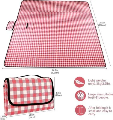 Productafbeelding van Famanu picknickdeken, waterdicht, rood geruit, lichtgewicht en draagbaar - 200 cm x 200 cm