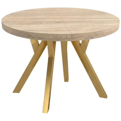 Productafbeelding van Eettafel CONVIVIO ADIDARMEBLE, diameter 90 cm, uitschuifbaar tot 130/170 cm, eikenhout SONOMA (decor), gouden poten, 2 inlegplanken van elk 40 cm