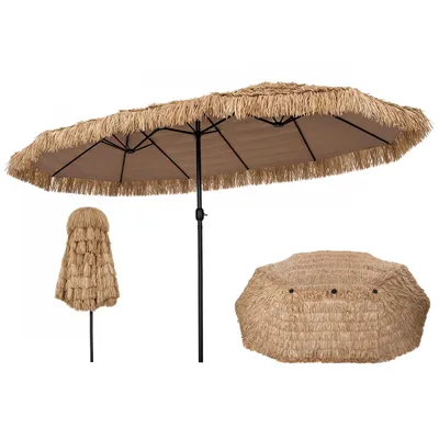 Produktbild von COSTWAY Doppelsonnenschirm 450x260cm, PE-Strohschirm Hawaii, Gartenschirm mit Kurbel, Sonnenschirm Groß XXL, Terrassenschirm, Marktschirm
