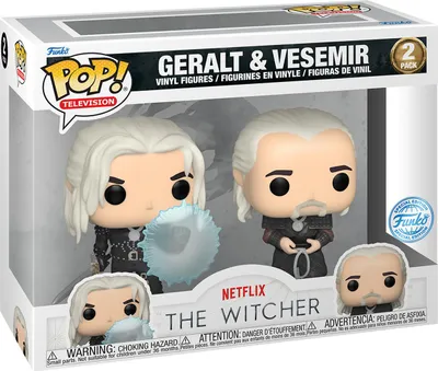 A Funko Pop! 2-pack of Geralt and Vesemir from The Witcher, displayed in its original packaging.