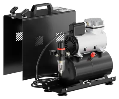 Produktbild von Wiltec Airbrush Einzylinderkompressor AF186A bis max. 4 bar Druck, im Gehäuse mit Abschaltautomatik und Lufttank für Modellbau, Nailart, Tattoos, KFZ