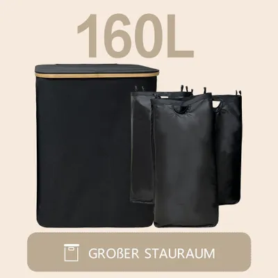 Produktbild von WAOHO Faltbarer Wäschekorb mit Deckel 160L mit 3 Fächern，Wäschesack herausnehmbar，Wäschesortierer und wasserdichtes Oxford-Tuch（Schwarz）