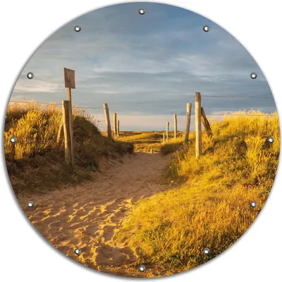 Produktbild von Wallario rundes Outdoor-Poster für Garten oder Balkon, Motiv Düne am Strand bei Sonnenuntergang in Frankreich, 90 cm Durchmesser