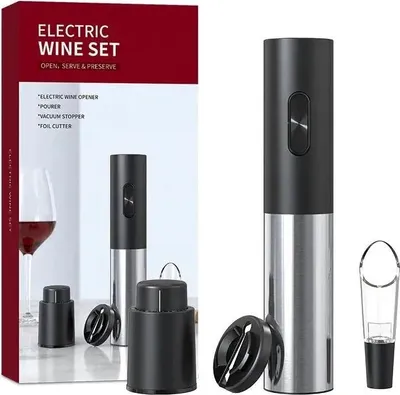 Obrázek produktu pro Elektrický otvírák na víno - Stříbrná sada s vývrtkou a nalévátkem