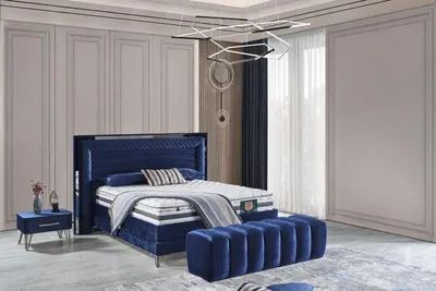 Produktbild von Schlafzimmer-Set "Elara" – Bett mit Bettkasten und Matratze , Nachttisch, Bettbank-Blau