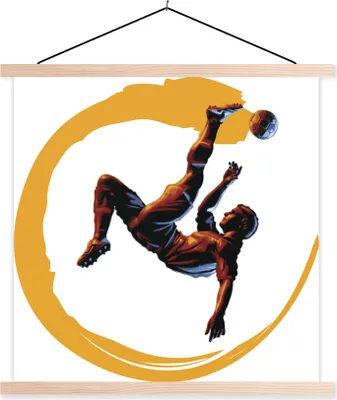 Produktbild von MuchoWow® Textilposter Illustration eines Fußballers, der einen Fallrückzieher macht - Jungen - Mädchen - Kinder 60x60 cm mit holzfarbenen Rahmen - Wanddekoration