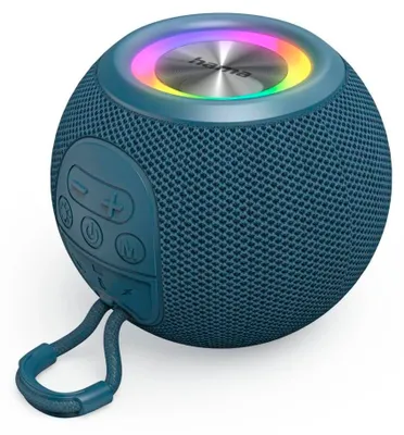 A blue Hama Bluetooth speaker with colorful LED lights on top.