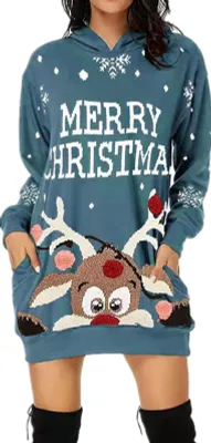 Produktbild von ASKSA Weihnachtskleid Damen Kapuzenkleid Weihnachtspullover Weihnachts Sweatshirt, Blau, M