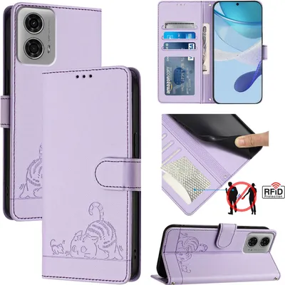 Produktbild von Leder Hülle für Motorola Moto G04/Moto G04s/Moto G24 Süße Katze Flip Case Brieftasche Schutzhülle mit Standfunktion Lila