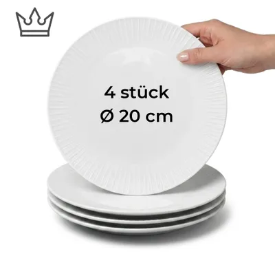 4er-Set Premium Porzellan Speiseteller Ø20 cm – Elegantes Rillendesign in edlem Weiß