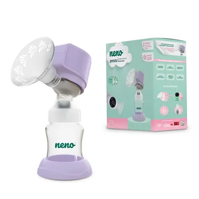 A breast pump and its packaging are displayed against a white background.