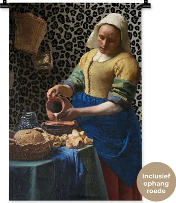 Produktbild von MuchoWow® Wandteppich Wandbehang Milchmädchen - Kunst - Pantherdruck - Vermeer - Gemälde - Alte Meister 60x90 cm Tapisserie Dekoration Wandtuch - Foto-Teppich - Abwaschbar