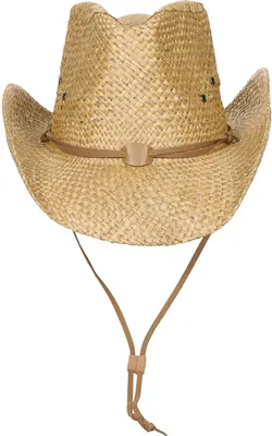 A straw cowboy hat with a chin strap, presented against a white background.