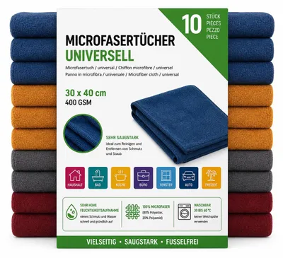 Produktbild von Microfasertücher Universell sehr Saugstark 10er Set 30 x 40cm, 400 GSM, KI-generiertes Bild