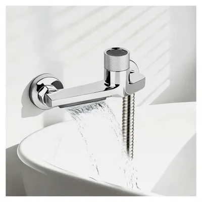 Produktbild von Wasserfall-Badewannenarmatur mit Thermostat und zwei Auslässen, Duscharmatur mit Sicherheitstaste, Mischbatterie für Wandmontage in Badewanne und Badezimmer, Chrom