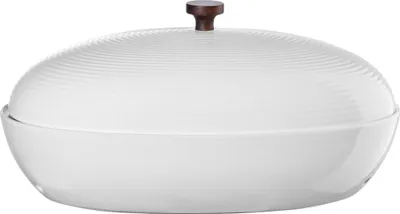 A white bread bin with a wooden knob on the lid.