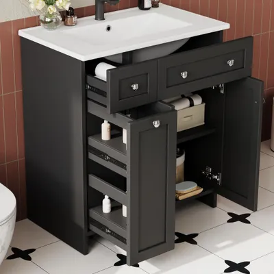 Produktbild von Freistehender Waschtisch 76x47x86 cm mit 8 Schubladen Soft-Close Keramikbecken Schwarz