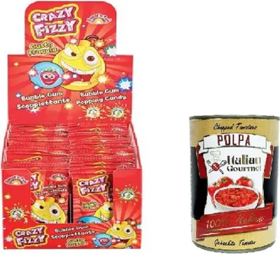 Produktbild von Crazy Fizzy Buble Gum Scoppiettante al gusto di Fragola Kaugummi mit Erdbeergeschmack, Schachtel mit 50 Beutelne+ Italian Gourmet polpa 400g