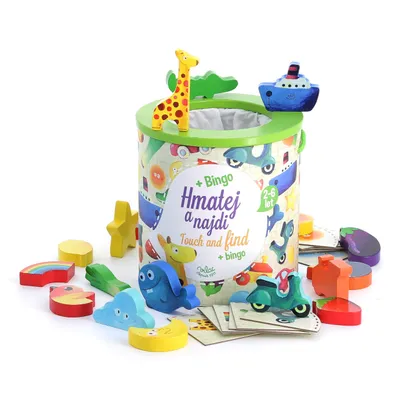 A children's toy set with wooden shapes and a cylindrical container, displayed on a white background.