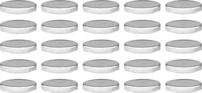 A grid of silver metal lids for jars.