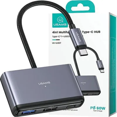 Image de Usams Adaptateur Hub 4W1 2Xusb 2.0/Usb 3.0/Usb-C Szary/Gris foncé Sj627Hub01 (Us-Sj627)