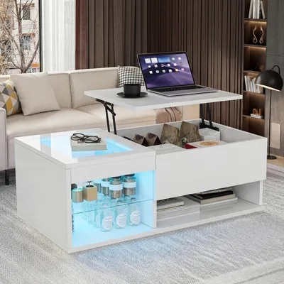 Obrázek produktu pro REMZETTA, konferenční stolek, rozměry 100 x 55 x 35 cm, s nastavitelnou výškou, úložným prostorem, LED osvětlením a skleněnou zásuvkou, konferenční stolek v lesklé bílé barvě, s dálkovým ovládáním