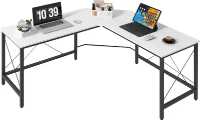 Obrázek produktu pro Rohový psací stůl ve tvaru písmene L - Kancelářský stůl - Ocelový rám - 150x150x76 cm - Nutná montáž - Bílý