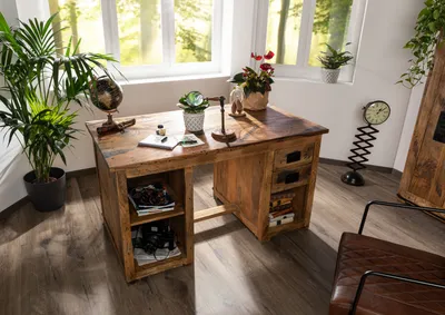 Produktbild von MASSIVMOEBEL24 Schreibtisch Mango 140x80x76 natur lackiert RAILWAY #161