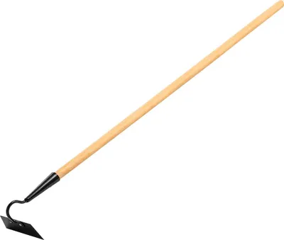 A garden hoe with a wooden handle on a white background.