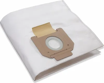 A white vacuum cleaner bag with a tan cardboard attachment.