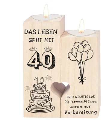 Holzkandelaber mit Kerze, Herzform, 40. Geburtstag