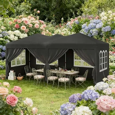Imagen del producto de Pérgola para jardín de 3x6 metros, color gris, impermeable, con protección UV (factor UPF 50+), altura ajustable, con paneles laterales para protección y una bolsa de transporte, ideal para jardines y eventos como bodas