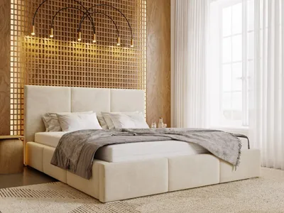 Obrázek produktu pro Čalouněná postel GRAINGOLD 200x200 cm Lincoln - polyesterová tkanina, postelový box, lamelový rošt - Stylová manželská postel - Béžová (Magic velvet 2201)