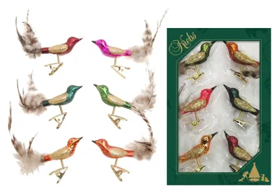 Produktbild von Krebs Glas Lauscha Weihnachtsbaumschmuck 6er Set - Minivögel auf Clip - als Herbstvögel - ca. 9cm - aus Glas