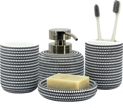 Immagine prodotto di Accessori da bagno Badaccessoireset, set da 4 pezzi, bianco e nero, in resina, per il bagno