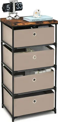 A four-drawer fabric dresser with a wooden top, placed on a white background.