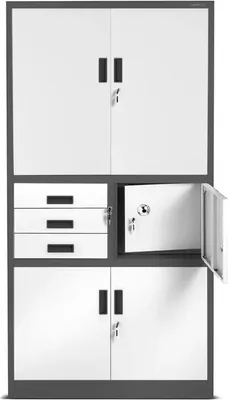 A tall, multi-compartment storage cabinet with drawers and a safe.