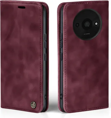 A burgundy flip-style phone case for a Xiaomi Redmi A3 is shown from two angles.