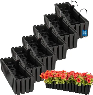 Produktbild von KOTARBAU® 6er Set Blumenkasten Balkon Blumentopf Selbstbewässernd 58x18x16cm Grau Kunststoff Blumentopf Balkongeländer Bewässerungssystem Blumenkastenhalterung Pflanzkübel Groß Außen
