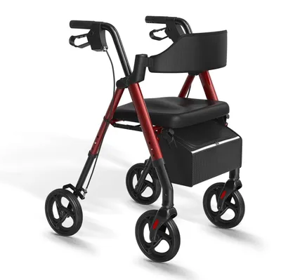 Obrázek produktu pro Chodítko pro seniory – skládací chodítko se sedátkem – lehká hliníková konstrukce – 4 kola o průměru 20 cm – červená barva