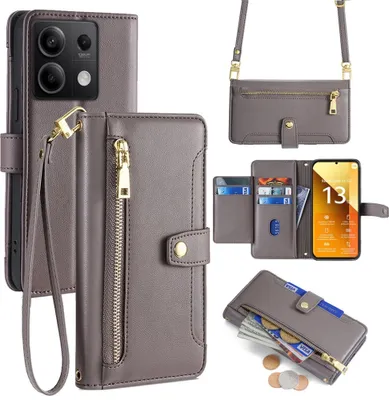 Produktbild von Handykette Xiaomi Hülle mit Band Handyhülle Kartenfächer Kunstleder Umhängetasche Redmi Note 13 5G Grau
