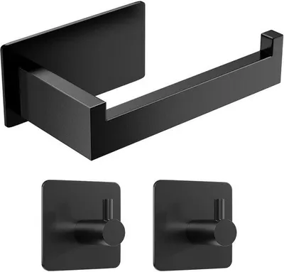 Obrázok produktu pre Samolepiaci držiak toaletného papiera z nehrdzavejúcej ocele (L-tvar) značky Ibenzoa®, čierny – 14×6,5×4,5 cm + 2 háčiky na uteráky (2×4,5×4,5×2,3 cm) – vhodný do kúpeľne a kuchyne