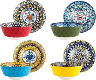 Image de Set de bols à ramen en porcelaine pour 4 personnes – Set de saladiers et bols à soupe de style bohémien avec bols à dessert, à soupe, à céréales et à pâtes