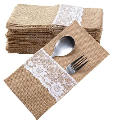 Produktbild von 40 Stück Jute Bestecktaschen Besteckbeutel Besteckhalter Sackleinen mit Spitze Vintage Hochzeitsdeko Tischdeko für Hochzeit Party
